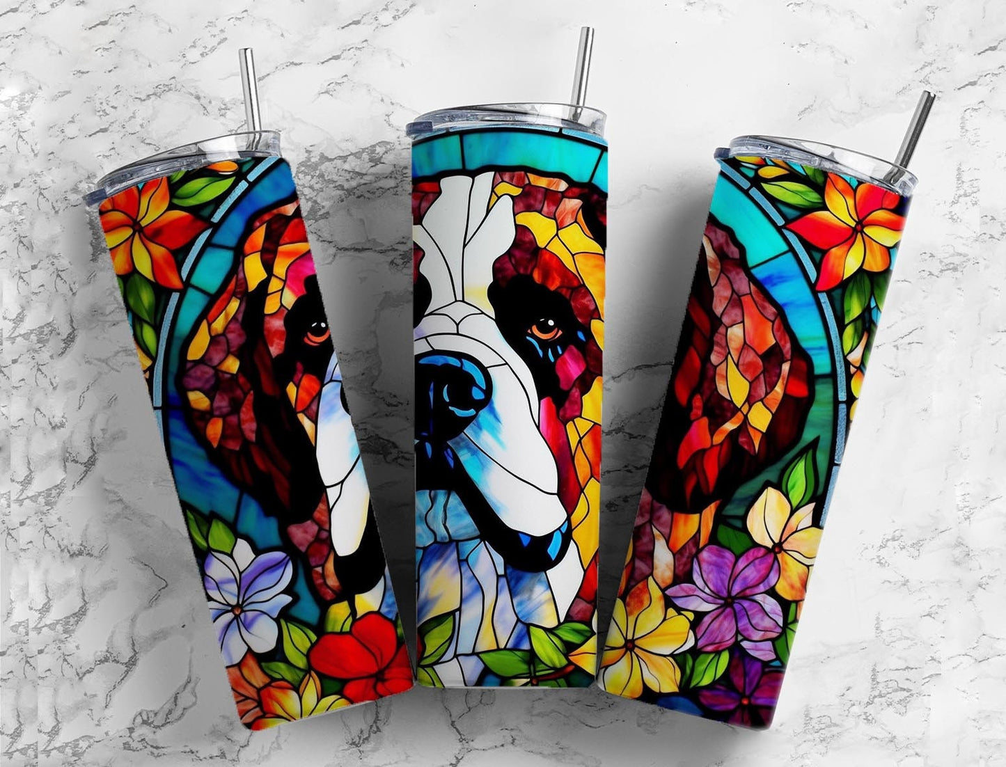 St. Bernard dog 20oz Sublimation Tumbler Designs, Stained glass 9.2 x 8.3” Straight Skinny Tumbler Wrap PNG