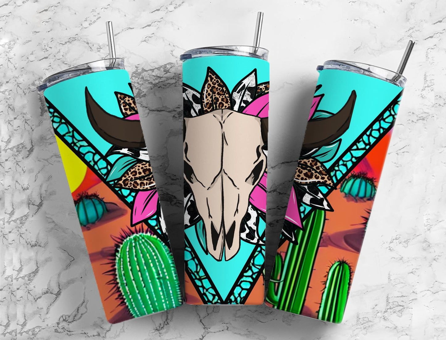 Western Bull Skull 20oz Sublimation Tumbler Designs, Country Western Cactus 9.2 x 8.3” Straight Skinny Tumbler Wrap PNG