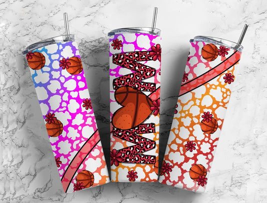 Basket ball mom 20oz Sublimation Tumbler Designs, rainbow cow print 9.2 x 8.3” Straight Skinny Tumbler Wrap PNG