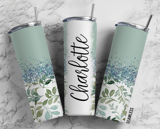 MInt Floral Aesthetic 20oz Sublimation Tumbler Designs, Silver Glitter Split 9.2 x 8.3” Straight Skinny Tumbler Wrap PNG 116