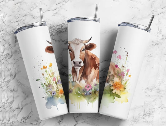 Brown cow 20oz Sublimation Tumbler Designs, Watercolor floral 9.2 x 8.3” Straight Skinny Tumbler Wrap PNG