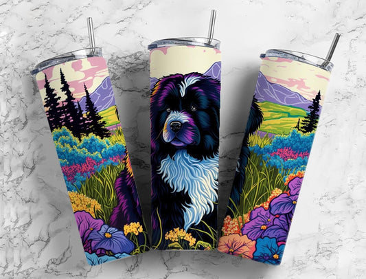 Colorful newfoundland dog 20oz Sublimation Tumbler Designs, Rainbow landscape 9.2 x 8.3” Straight Skinny Tumbler Wrap PNG