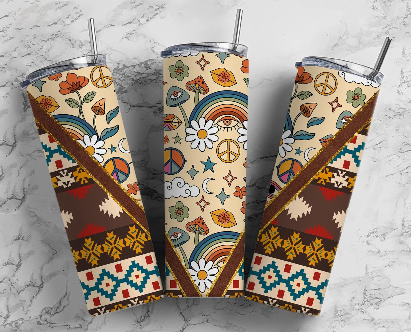 Retro Hippy 20oz Sublimation Tumbler Designs, Rainbow Boho 9.2 x 8.3” Straight Skinny Tumbler Wrap, Aztec Aesthetic Tumbler