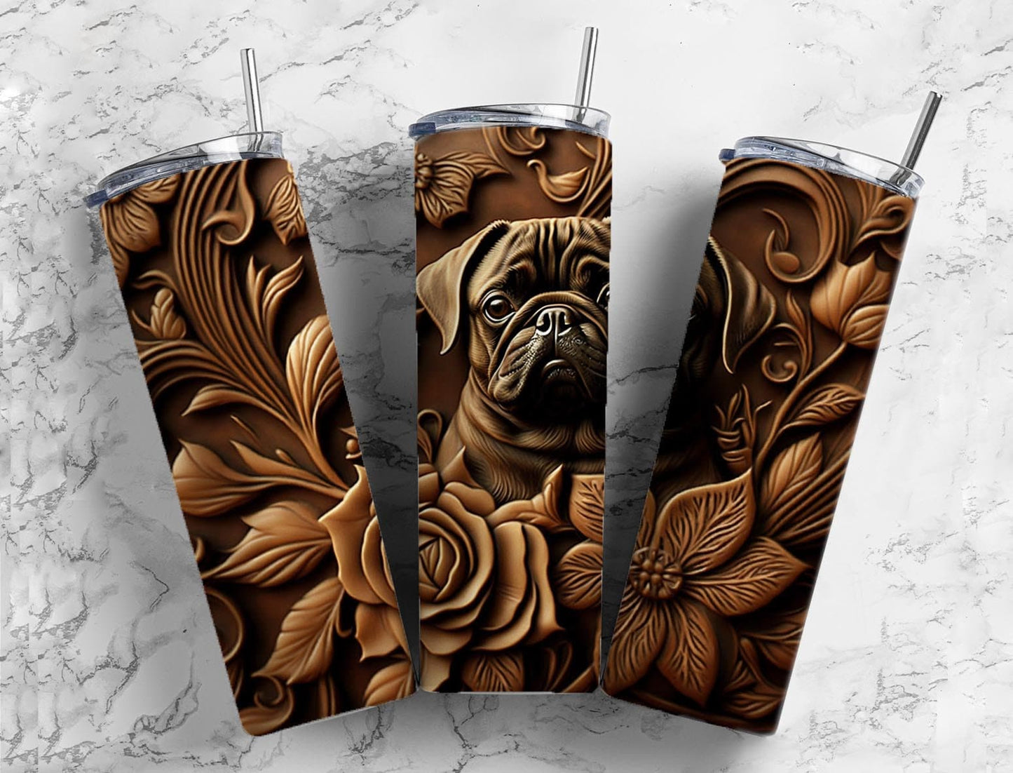 Tooled leather pug dog 20oz Sublimation Tumbler Designs, engraved leather 9.2 x 8.3” Straight Skinny Tumbler Wrap PNG