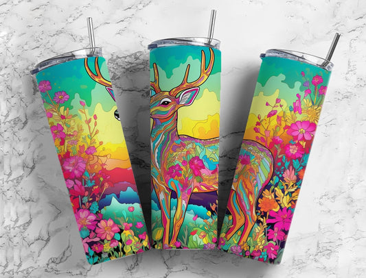 Rainbow deer 20oz Sublimation Tumbler Designs, Floral landscape 9.2 x 8.3” Straight Skinny Tumbler Wrap PNG