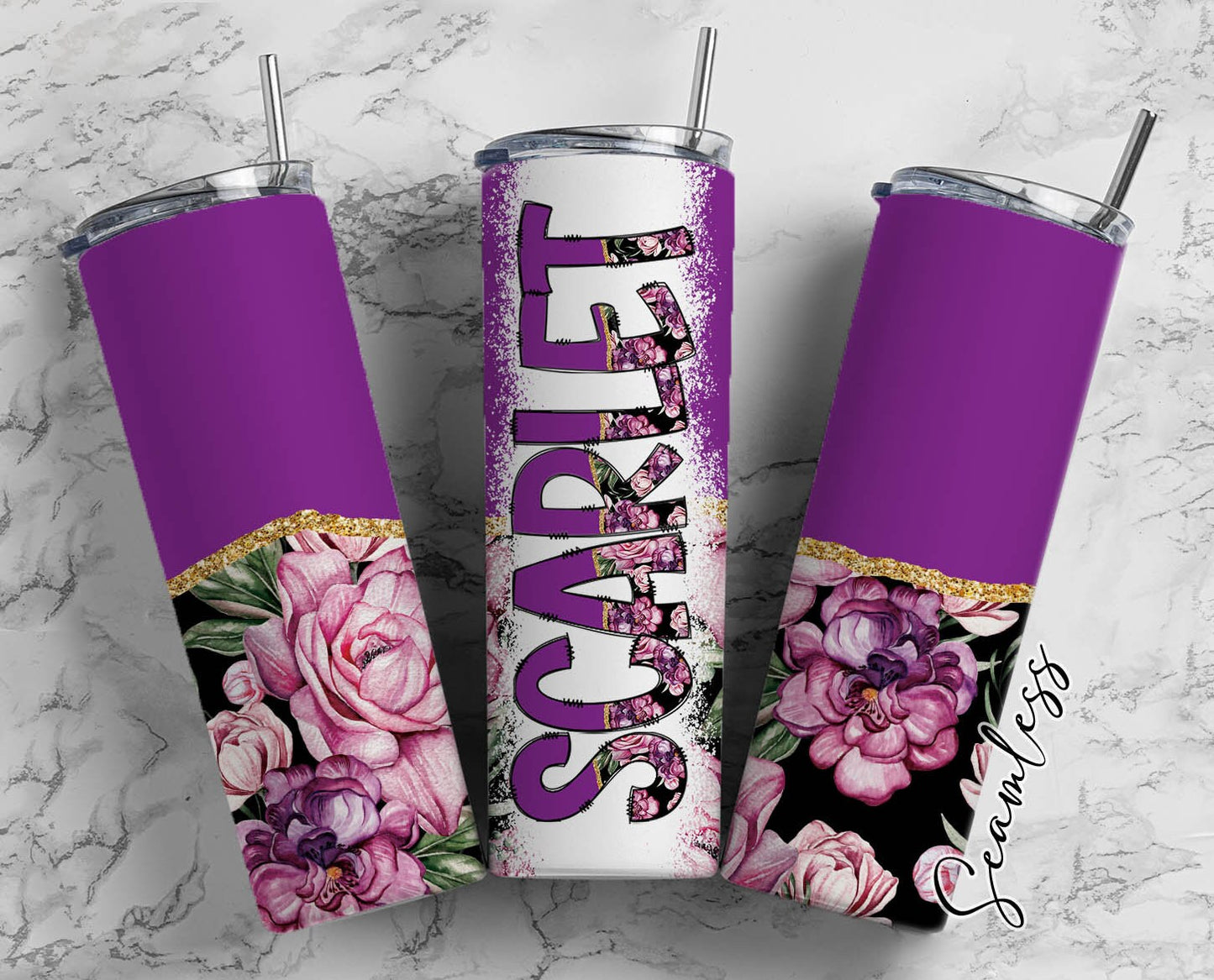 Purple Flower Tumbler Wrap with Matching Doodle Letter Alphabet PNG, Floral Aesthetic Add your Own name 20oz Tumbler, Alpha Set PNG 177