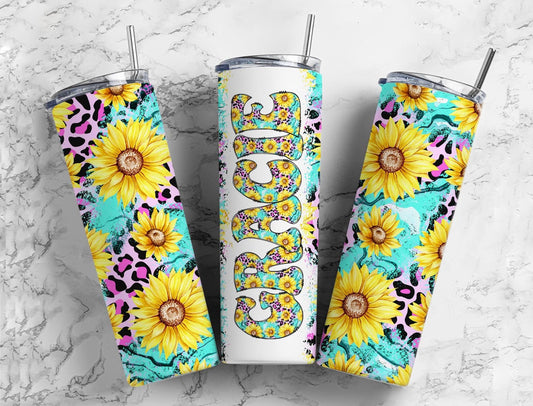 Sunflower Teal 20oz Tumbler Wrap with Matching Retro Doodle Letter, Aesthetic Alphabet PNG, Add your Own name Tumbler