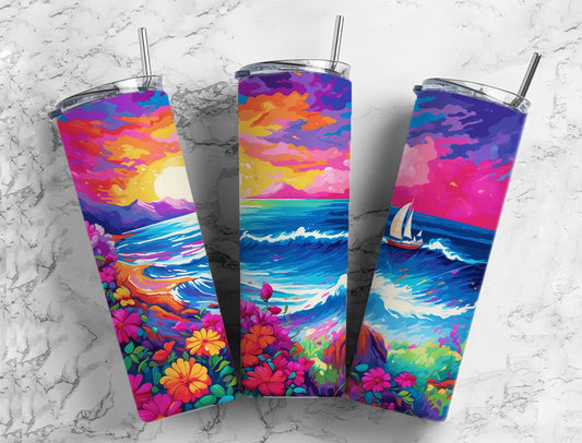 Colorful ocean 20oz Sublimation Tumbler Designs, sail boat 9.2 x 8.3” Straight Skinny Tumbler Wrap PNG