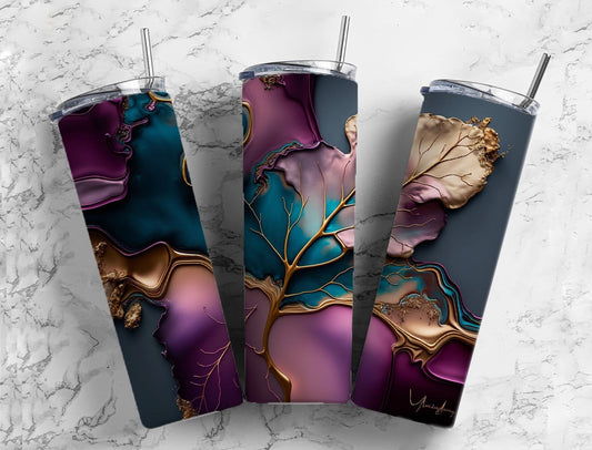 Purple and blue 20oz Sublimation Tumbler Designs, Gold leaf 9.2 x 8.3” Straight Skinny Tumbler Wrap PNG