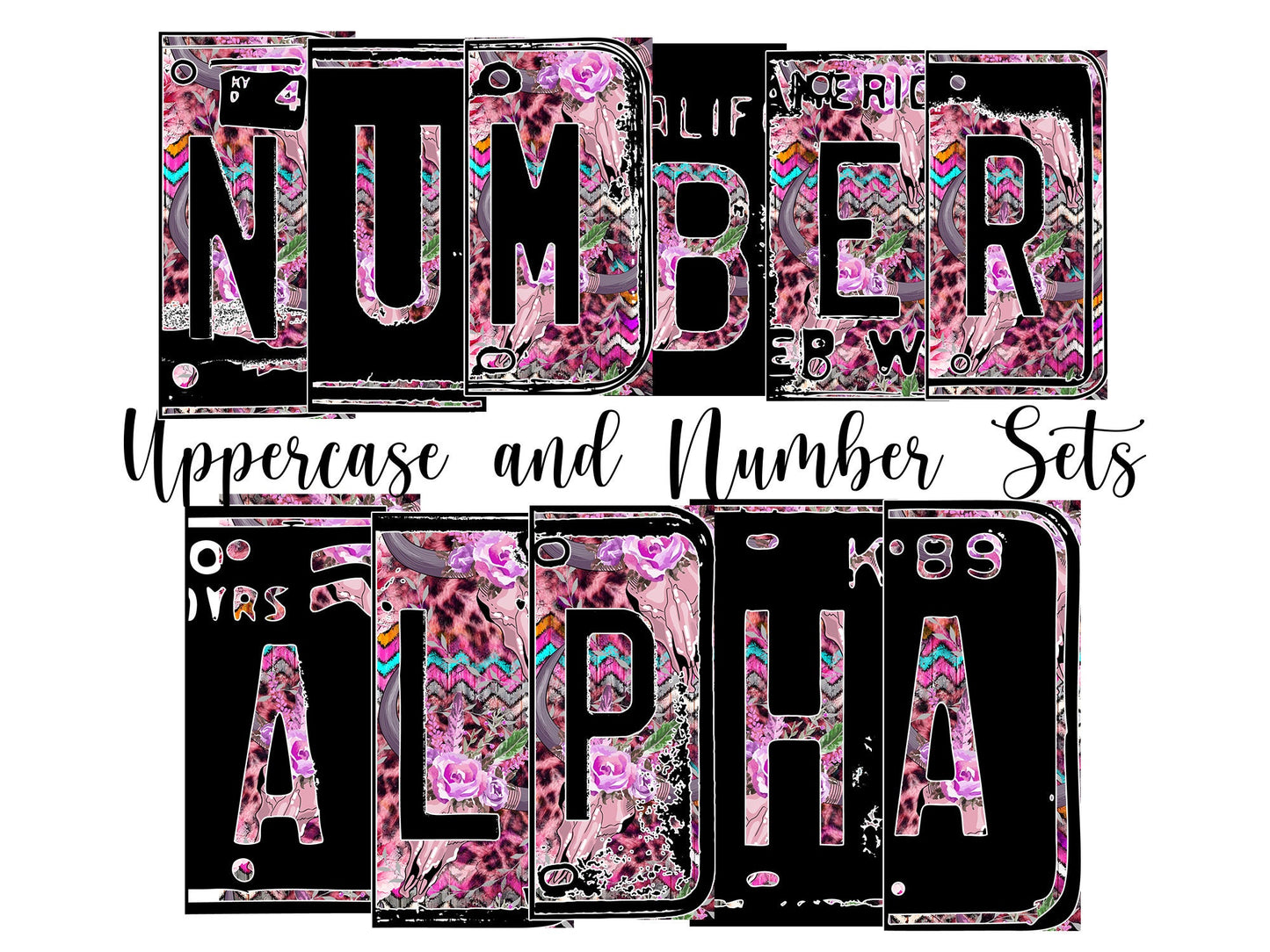 Rustic Country Number Plate Alphabet Uppercase Numbers PNG, Leopard Serape Alphabet PNG Digital Download