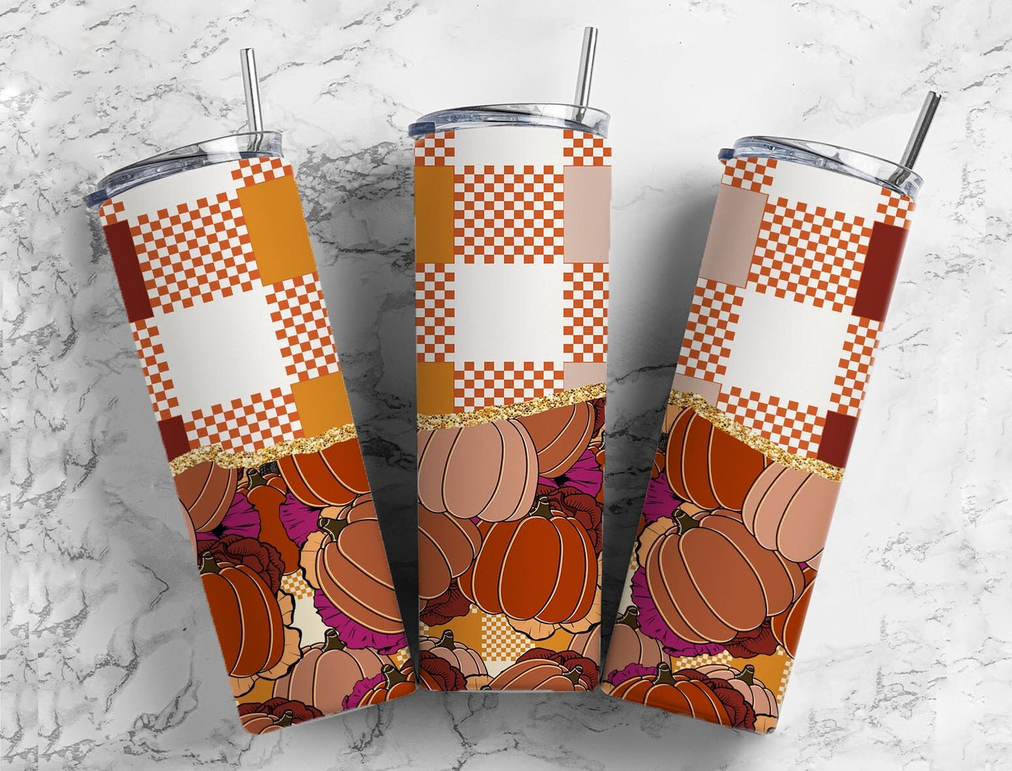 Pumpkin Plaid 20oz Sublimation Tumbler Designs, Agate Glitter Brown 9.2 x 8.3” Straight Skinny Tumbler Wrap PNG 2