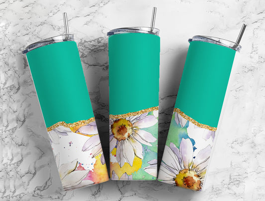 Watercolor floral 20oz Sublimation Tumbler Designs, turquoise and gold 9.2 x 8.3” Straight Skinny Tumbler Wrap PNG