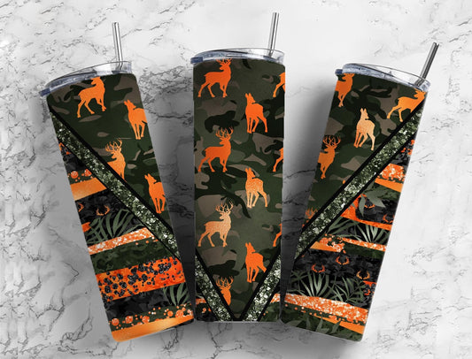 Deer Hunting 20oz Sublimation Tumbler Designs, Camo Orange 9.2 x 8.3” Straight Skinny Tumbler Wrap, Mens Tumbler