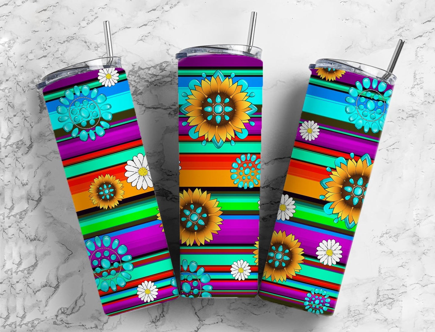 Sunflower serape 20oz Sublimation Tumbler Designs, Rainbow striped 9.2 x 8.3” Straight Skinny Tumbler Wrap PNG