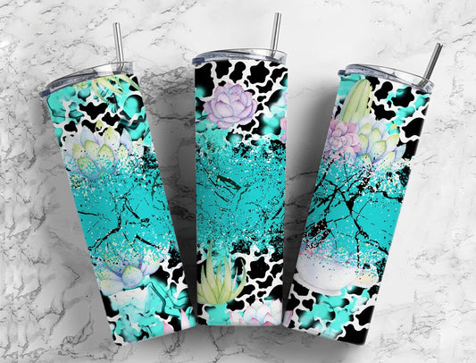 Succulent Teal Cow 20oz Sublimation Tumbler Designs, Country Western 9.2 x 8.3” Straight Skinny Tumbler Wrap PNG, Turquoise Stone