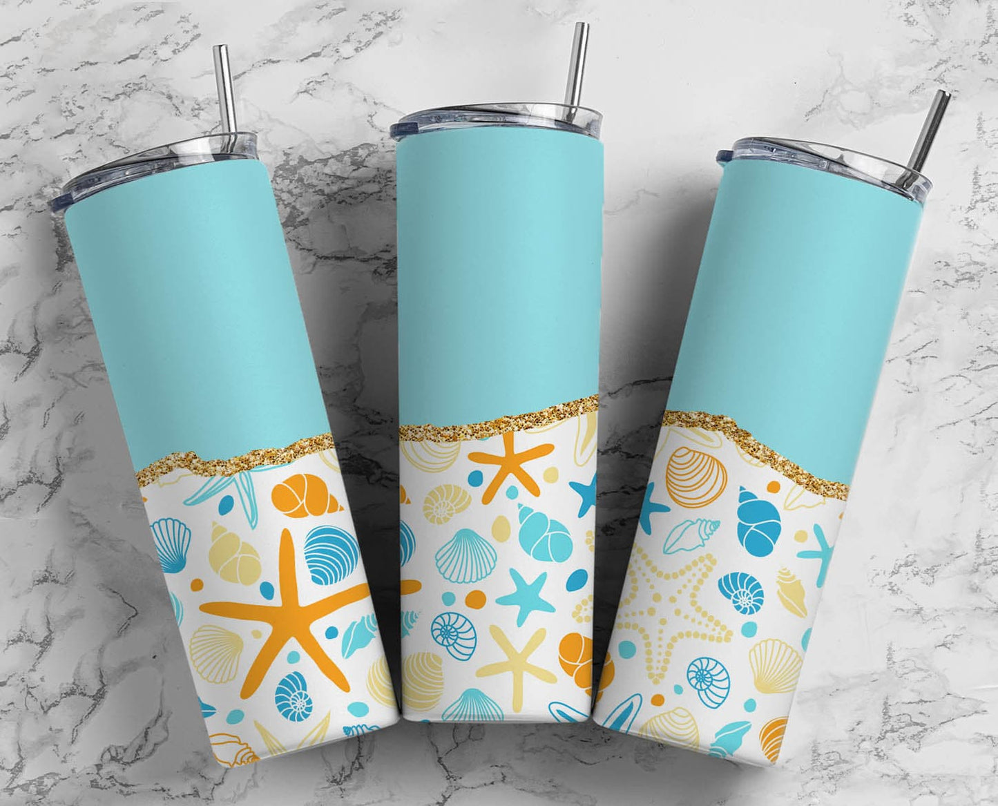 Starfish Sea Beach 20oz Sublimation Tumbler Designs, Gold Agate Line 9.2 x 8.3” Straight Skinny Tumbler Wrap PNG 180