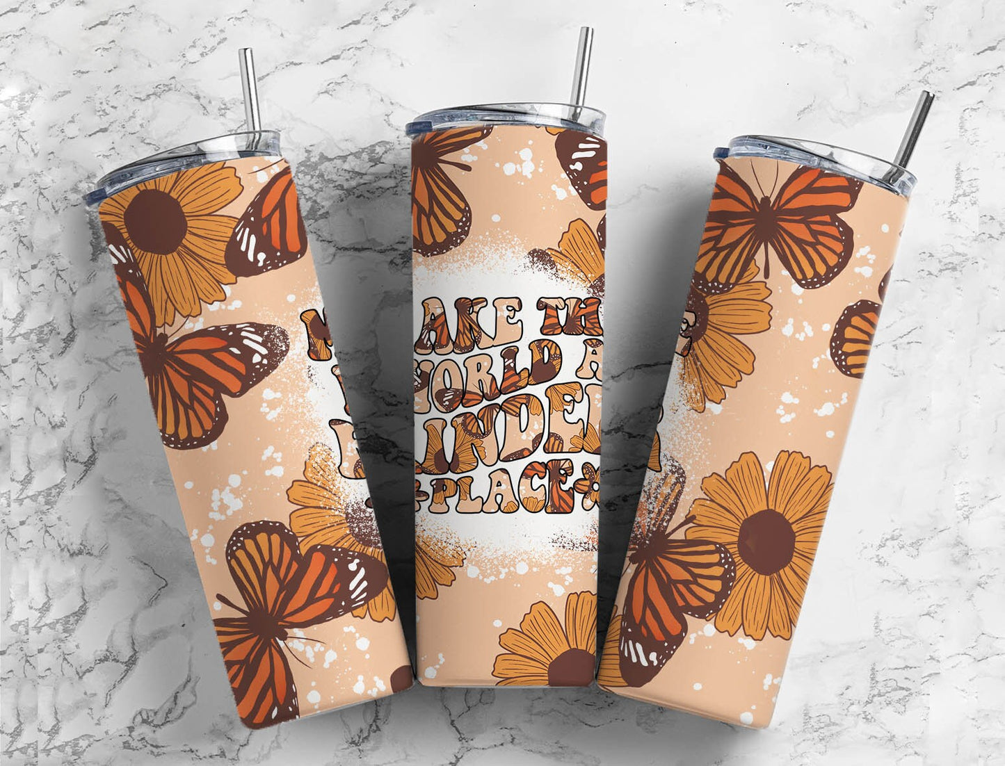 Boho Butterfly 20oz Sublimation Tumbler Designs, Orange Make The World A Kinder Place 9.2 x 8.3” Straight Skinny Tumbler PNG