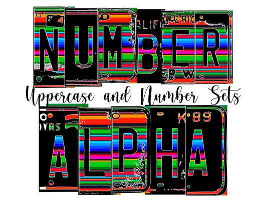 Green Serape Number Plate Alphabet Uppercase Numbers PNG, Blue and Pink Alphabet PNG Digital Download