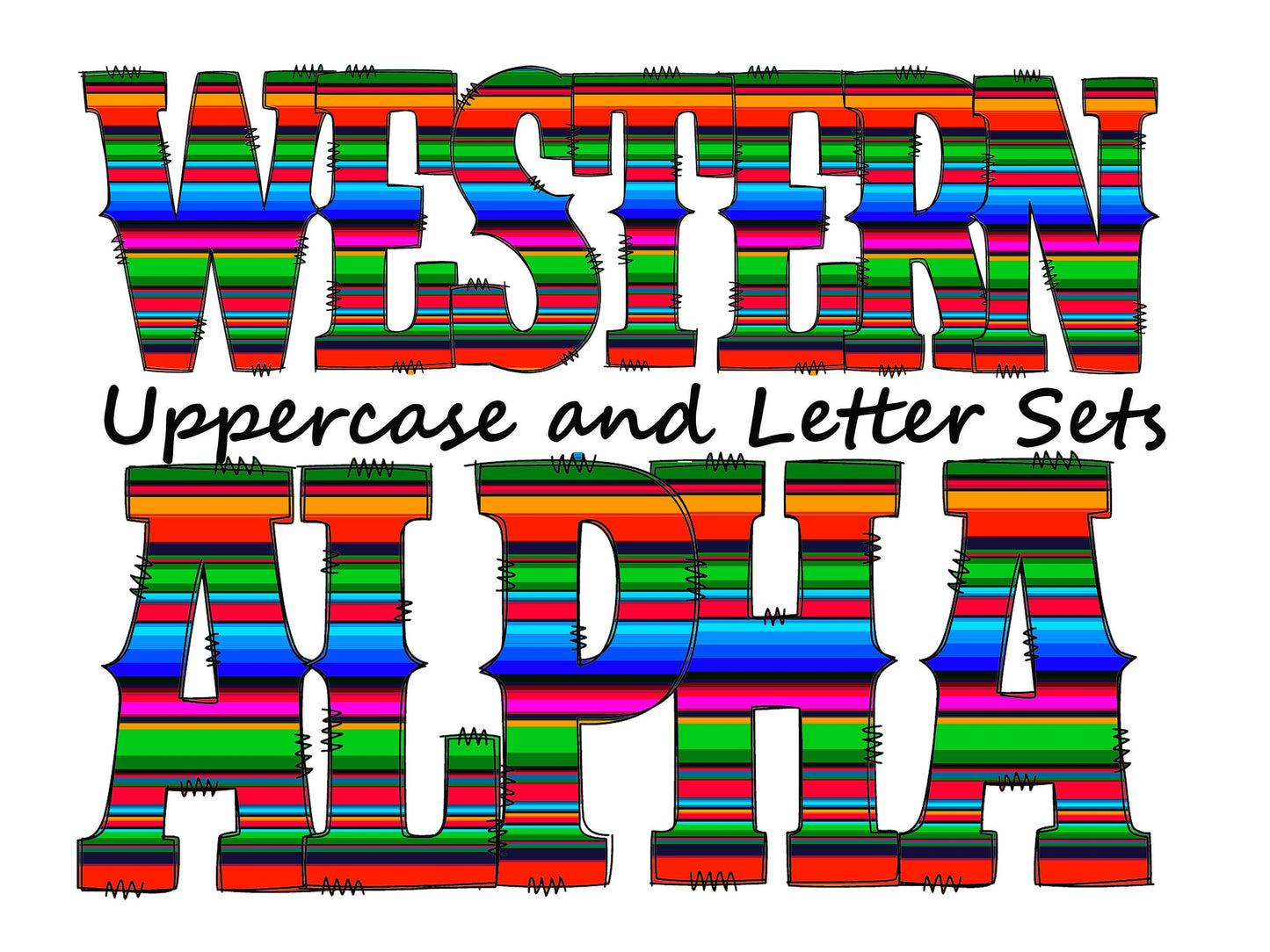 Serape Mexican Doodle Letters Western Alphabet, Colorful serape Alphabet PNG, Entire Doodle Alphabet Uppercase and Numbers PNG