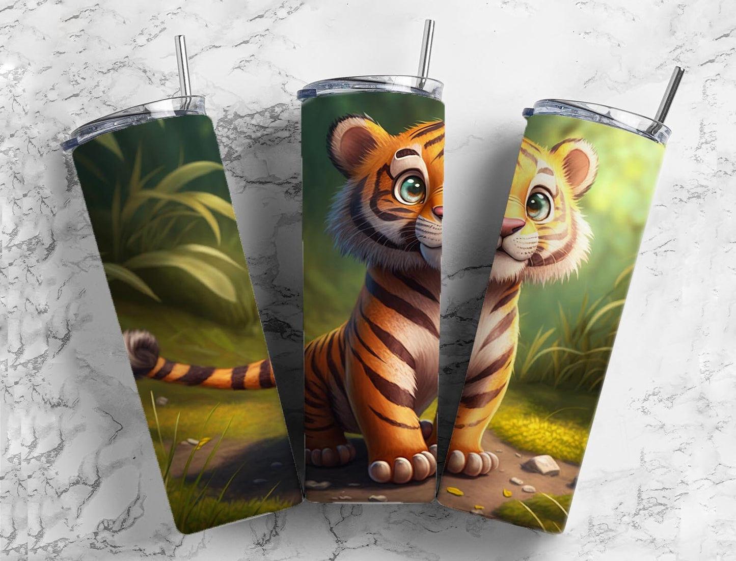 Cartoon tiger 20oz Sublimation Tumbler Designs, Cute forest 9.2 x 8.3” Straight Skinny Tumbler Wrap PNG