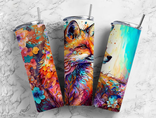 Rainbow fox 20oz Sublimation Tumbler Designs, Floral colorful 9.2 x 8.3” Straight Skinny Tumbler Wrap PNG