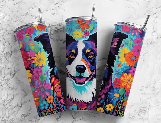 Border collie 20oz Sublimation Tumbler Designs, rainbow floral 9.2 x 8.3” Straight Skinny Tumbler Wrap PNG