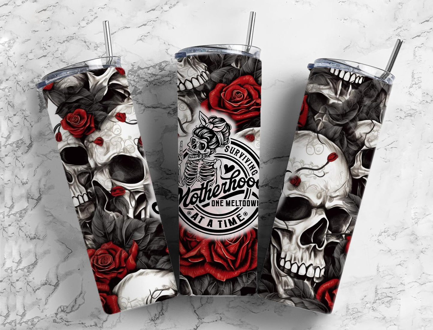 Surviving Motherhood one sip at a time 20oz Sublimation Tumbler Designs,Skull Roses  9.2 x 8.3” Straight Skinny Tumbler Wrap PNG