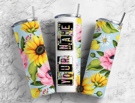 Sunflower floral Number Plate 20 oz Tumbler with Matching Alphabet PNG, Yellow and pink Alphabet PNG Digital Download