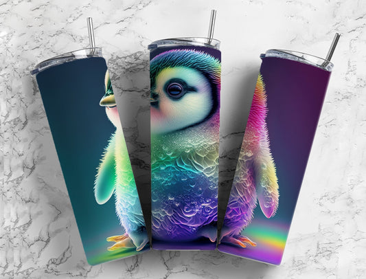 Alcohol Ink Penguin 20oz Sublimation Tumbler Designs, Rainbow Neon 9.2 x 8.3” Straight Skinny Tumbler Wrap PNG, Sublimation Design PNG