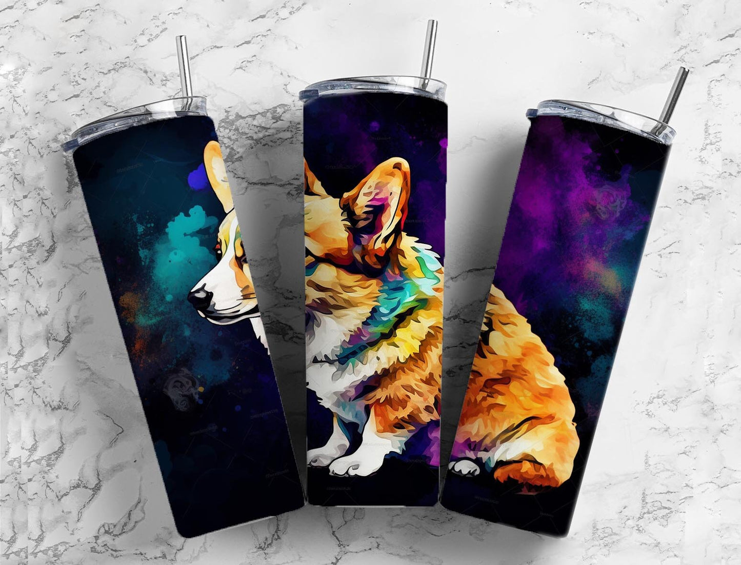 Corgi dog 20oz Sublimation Tumbler Designs, Colorful rainbow 9.2 x 8.3” Straight Skinny Tumbler Wrap PNG