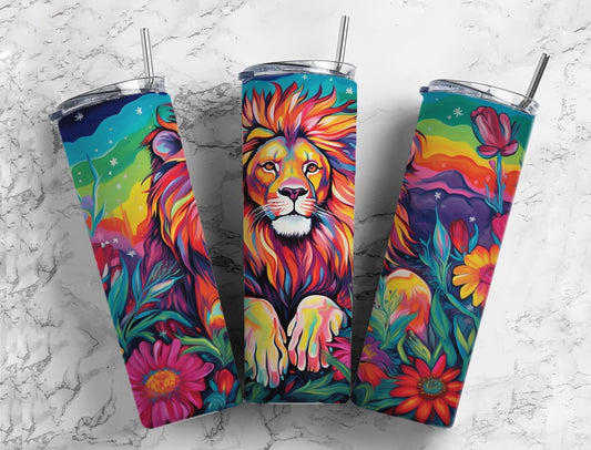 Rainbow lion 20oz Sublimation Tumbler Designs, Floral landscape 9.2 x 8.3” Straight Skinny Tumbler Wrap PNG