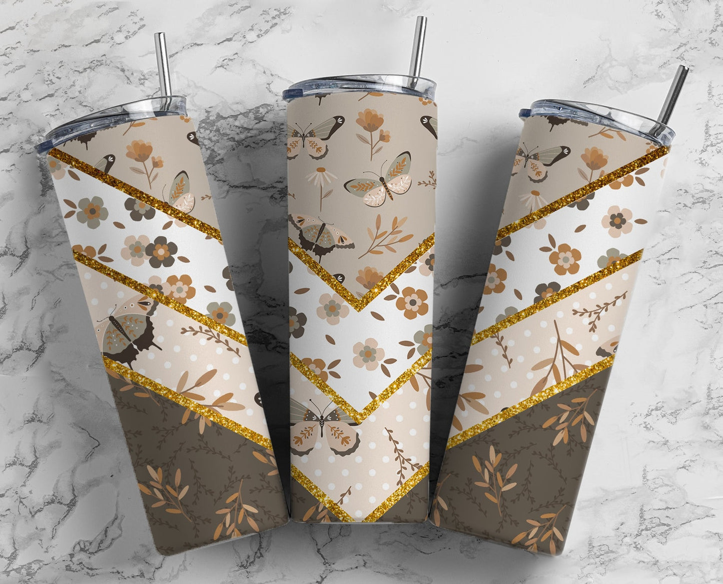 Aesthetic Floral 20oz Sublimation Tumbler Designs, Boho Butterfly V Split 9.2 x 8.3” Straight Skinny Tumbler Wrap PNG 66