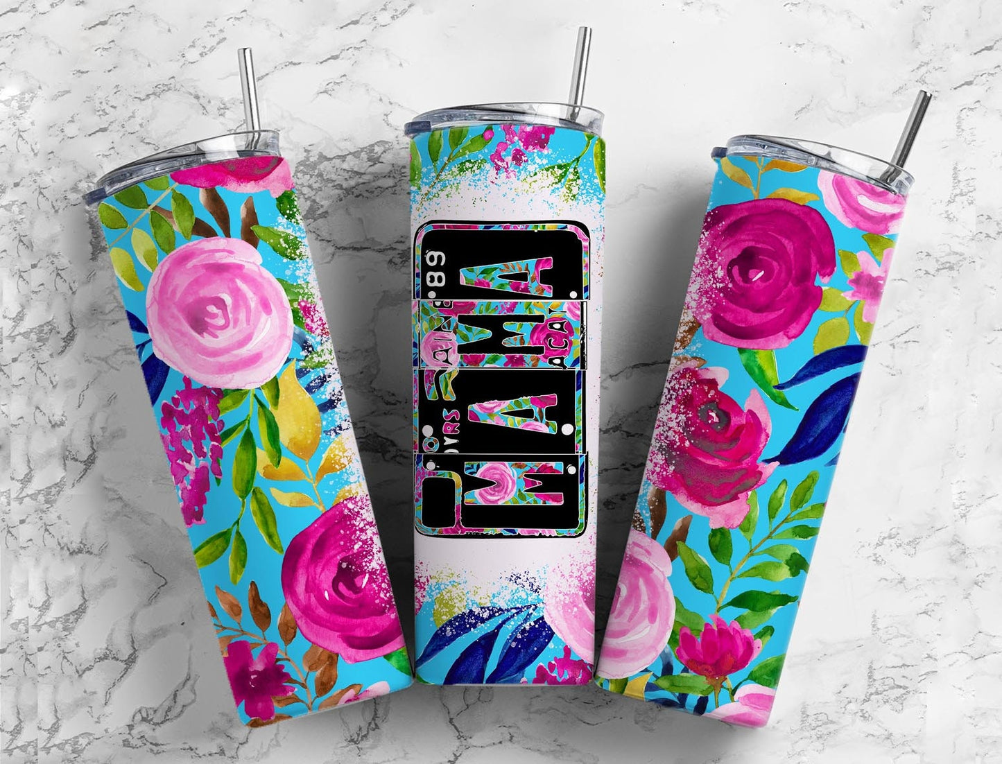 Blue Pink Flower 20oz Sublimation Tumbler Designs, Western Mama Number Plate 9.2 x 8.3” Straight Skinny Tumbler, Tumbler Wrap PNG