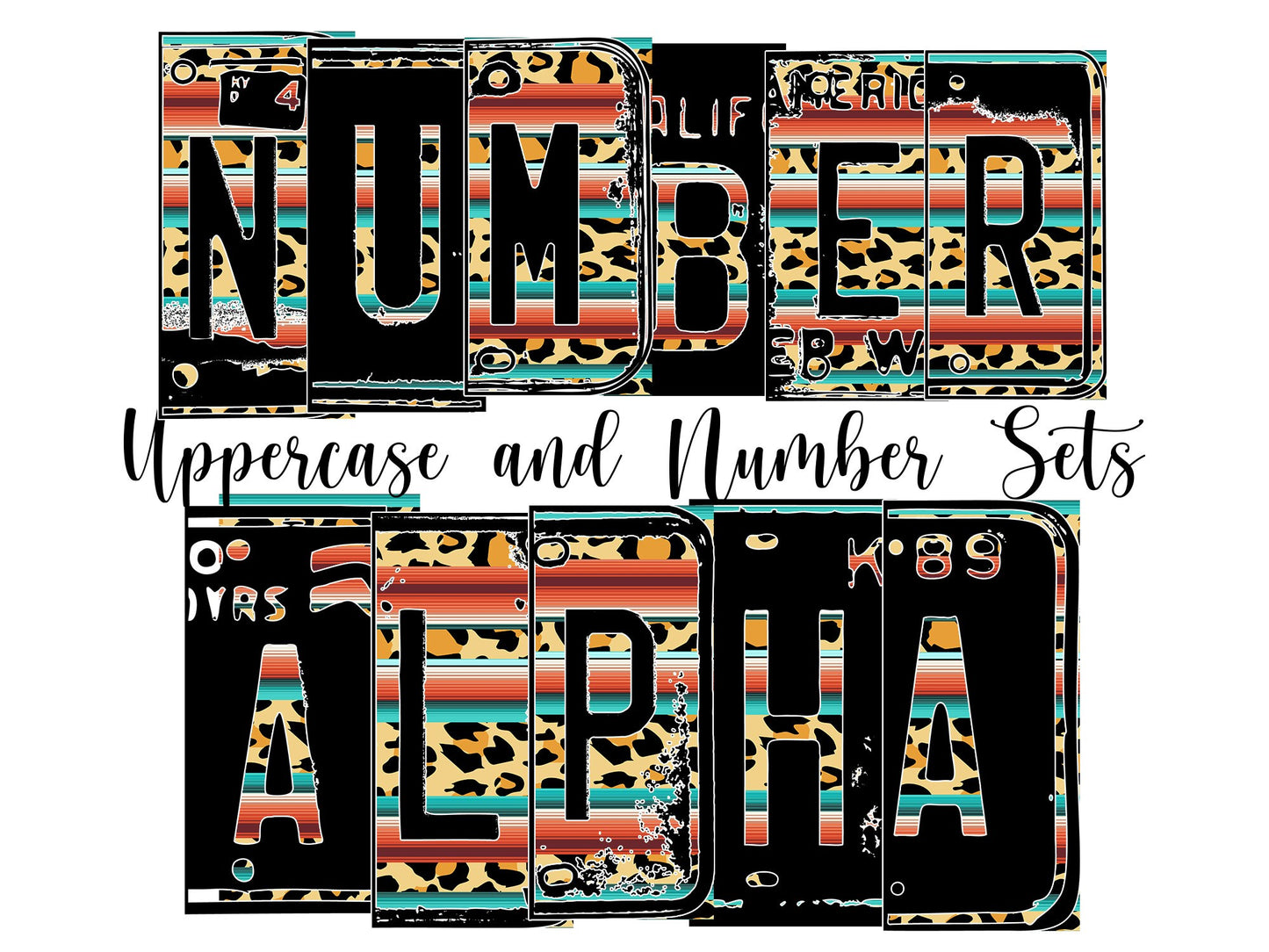 Leopard Serape Number Plate Alphabet Uppercase Numbers PNG, Teal and Brown Alphabet PNG Digital Download