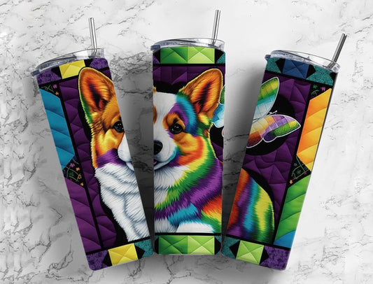 Corgi Rainbow 20oz Sublimation Tumbler Designs, Patchwork Quilt 9.2 x 8.3” Straight Skinny Tumbler, Tumbler Wrap PNG