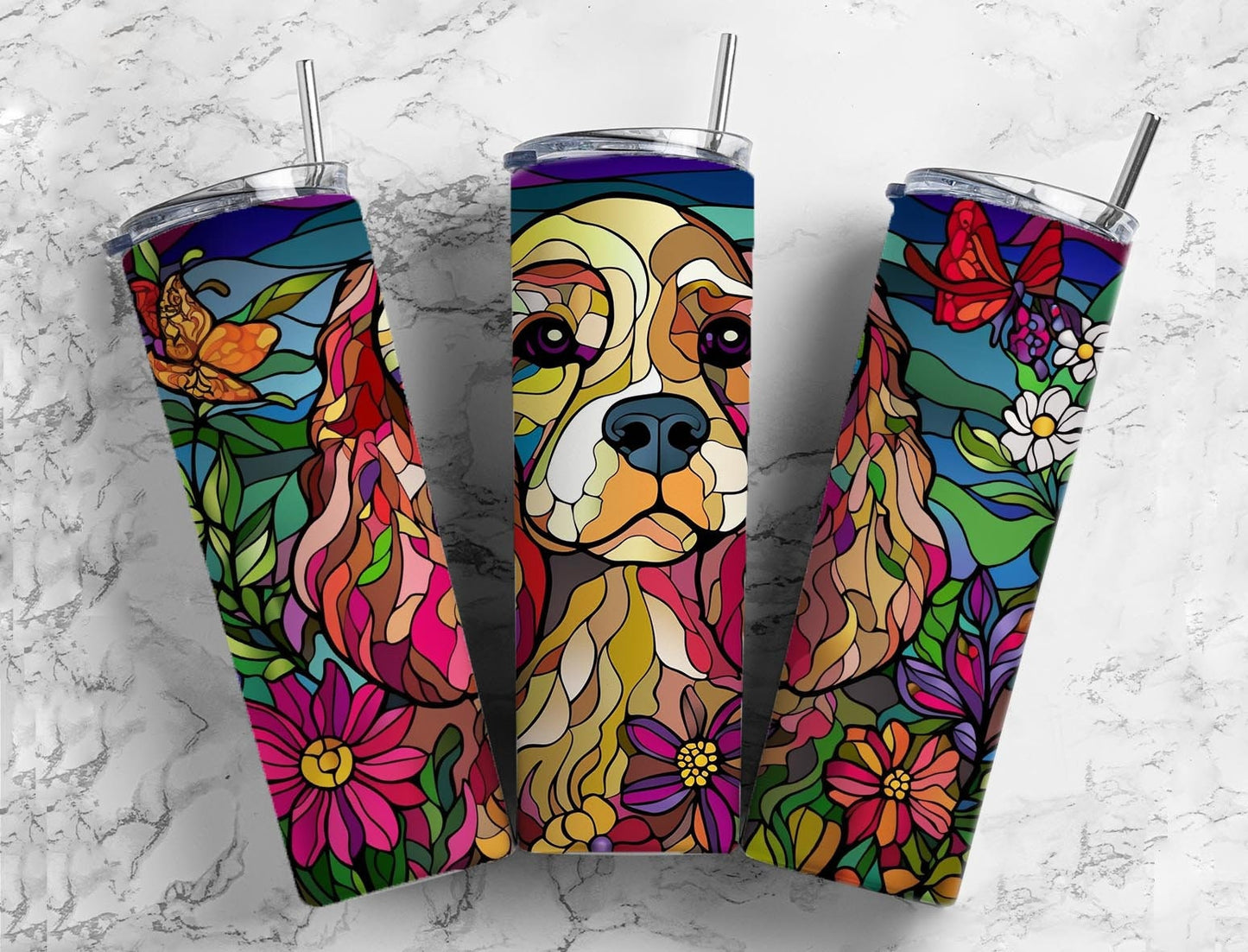 Cocker spaniel 20oz Sublimation Tumbler Designs, Rainbow floral 9.2 x 8.3” Straight Skinny Tumbler Wrap PNG