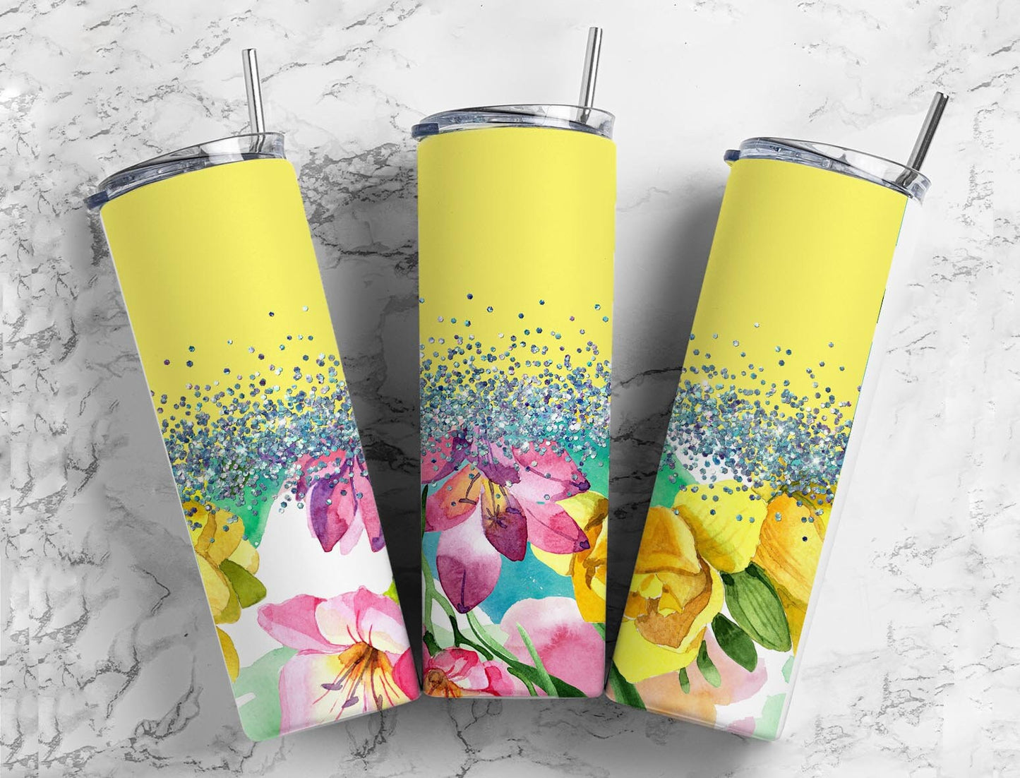 Botanical Aesthetic 20oz Sublimation Tumbler Designs, Iridescent Glitter Yellow 9.2 x 8.3” Straight Skinny Tumbler Wrap PNG