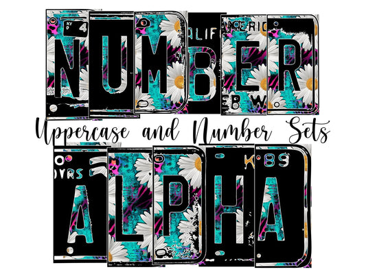 Teal Daisy Number Plate Alphabet Uppercase Numbers PNG, Country Pink Leopard Alphabet PNG Digital Download