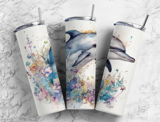 Watercolor dolphin 20oz Sublimation Tumbler Designs, Watercolor floral 9.2 x 8.3” Straight Skinny Tumbler Wrap PNG