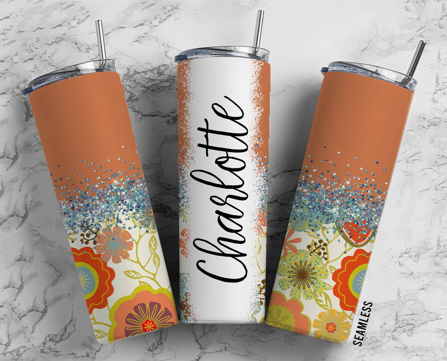 Retro Aesthetic Flower 20oz Sublimation Tumbler Designs, Brown yellow Glitter Split 9.2 x 8.3” Straight Skinny Tumbler Wrap PNG 138