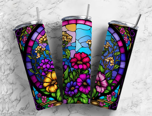 Floral stained glass 20oz Sublimation Tumbler Designs, neon rainbow 9.2 x 8.3” Straight Skinny Tumbler Wrap