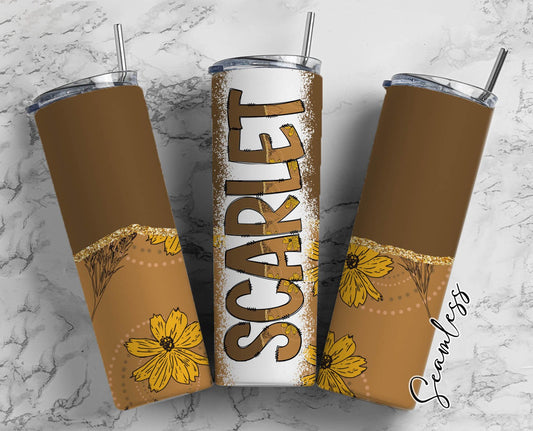 Sunflower Boho Tumbler Wrap with Matching Doodle Letter Alphabet PNG, Brown Aesthetic Add your Own name 20oz Tumbler, Alpha Set PNG 100