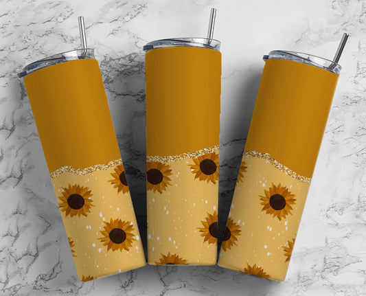 SunFlower Rustic Yellow 20oz Sublimation Tumbler Designs, AestheticFloral 9.2 x 8.3” Straight Skinny Tumbler Wrap PNG, Gold Agate 52