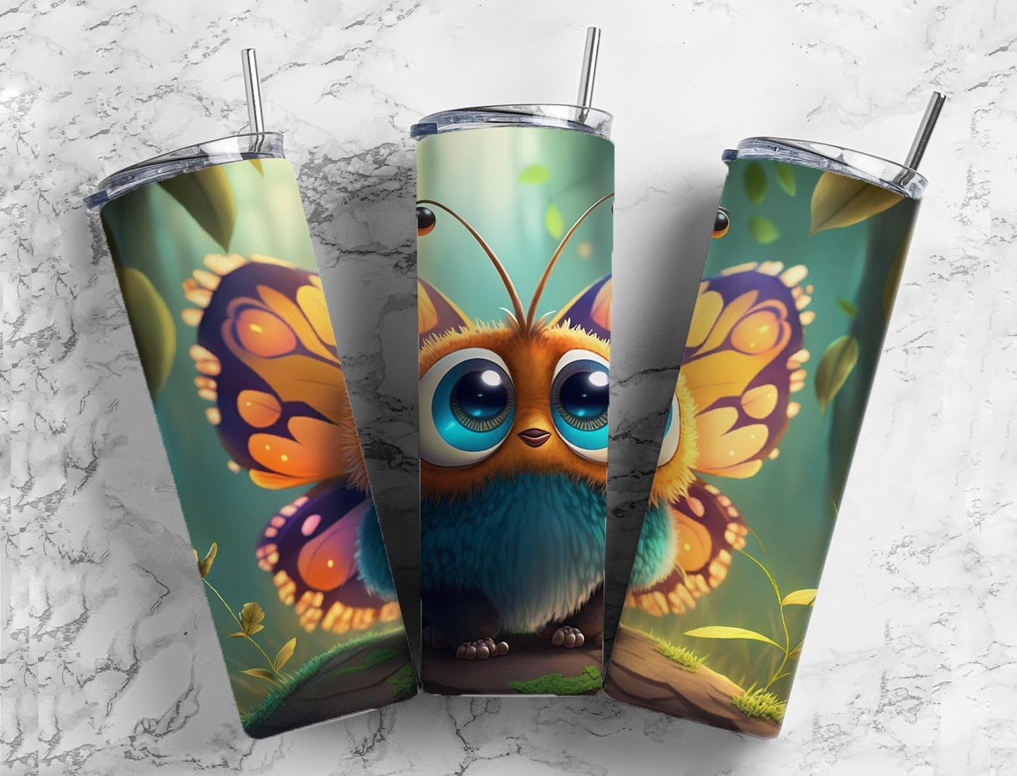 Cartoon moth 20oz Sublimation Tumbler Designs, cute forest 9.2 x 8.3” Straight Skinny Tumbler Wrap PNG