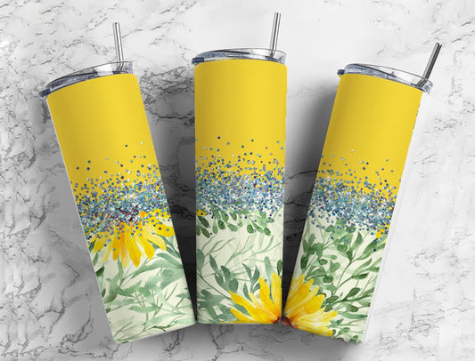 Beautiful Flower 20oz Sublimation Tumbler Designs, Agate Glitter Yellow 9.2 x 8.3” Straight Skinny Tumbler Wrap PNG