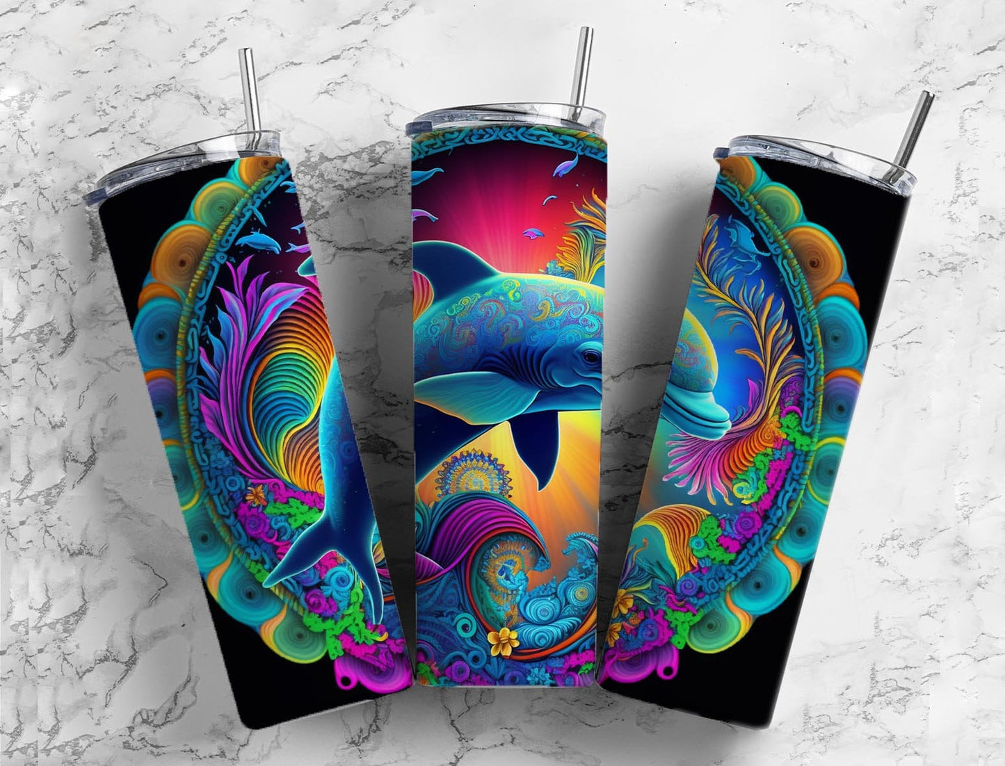 Rainbow dolphin 20oz Sublimation Tumbler Designs, Neon colorful 9.2 x 8.3” Straight Skinny Tumbler Wrap PNG