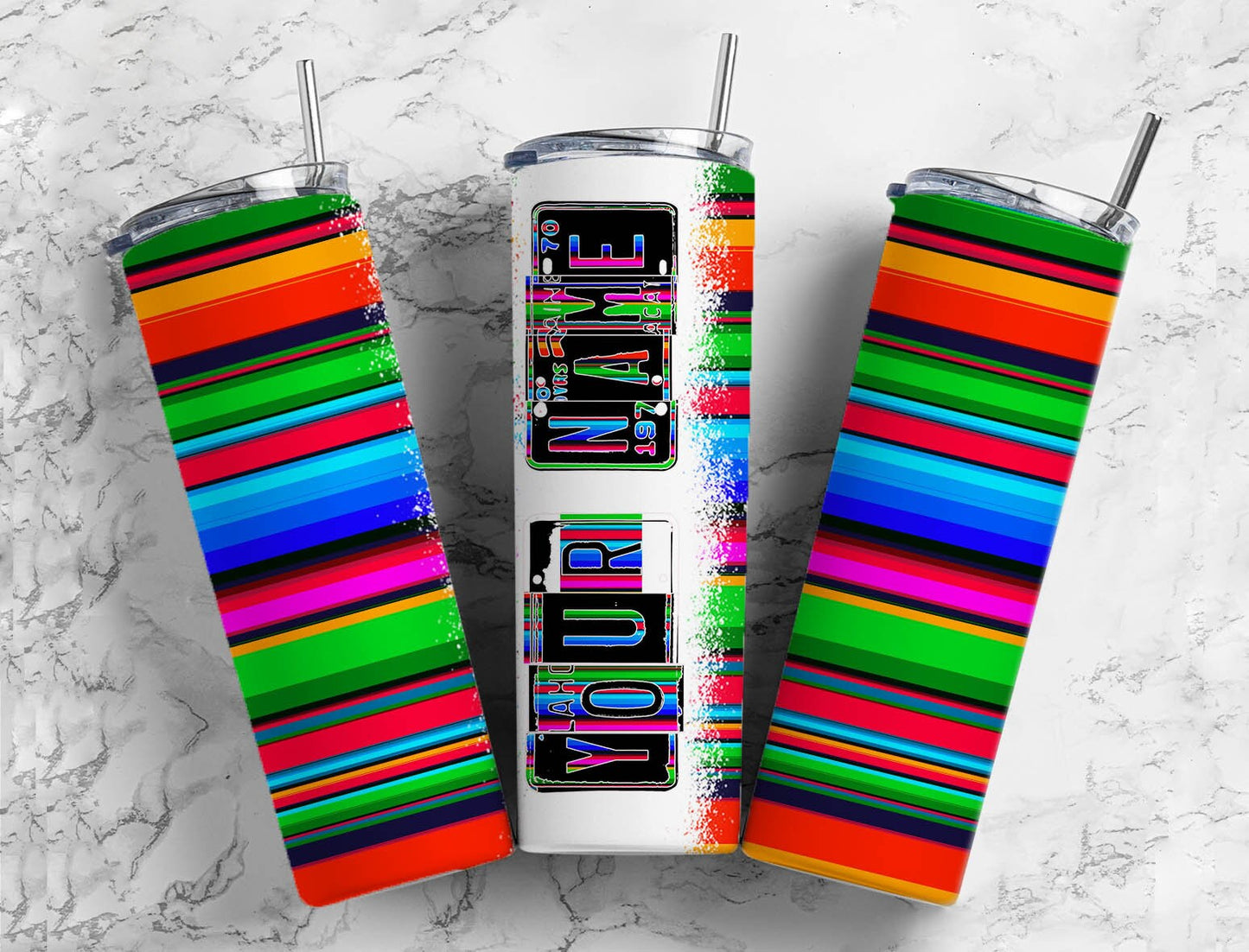 Rainbow striped Number Plate 20 oz Tumbler with Matching Alphabet PNG, Colorful serape Alphabet PNG Digital Download