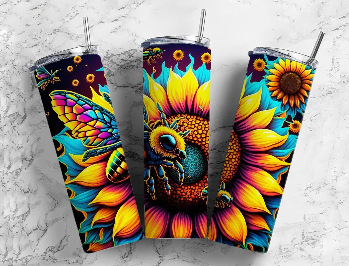 Bumblebee floral 20oz Sublimation Tumbler Designs, Colorful sunflower 9.2 x 8.3” Straight Skinny Tumbler Wrap PNG