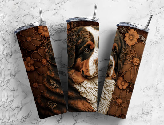 Bernese Mountain dog 20oz Sublimation Tumbler Designs, Tooled leather 9.2 x 8.3” Straight Skinny Tumbler Wrap PNG