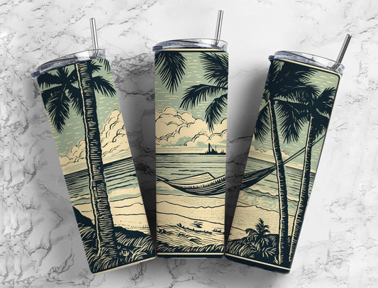 Beach ocean 20oz Sublimation Tumbler Designs, palm tree hammock 9.2 x 8.3” Straight Skinny Tumbler Wrap PNG